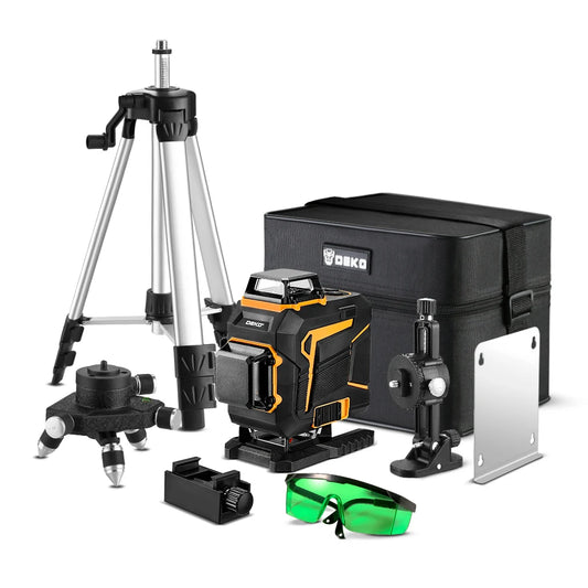 Set of surveying tools including a laser level, tripod, case, and safety glasses on a white background.