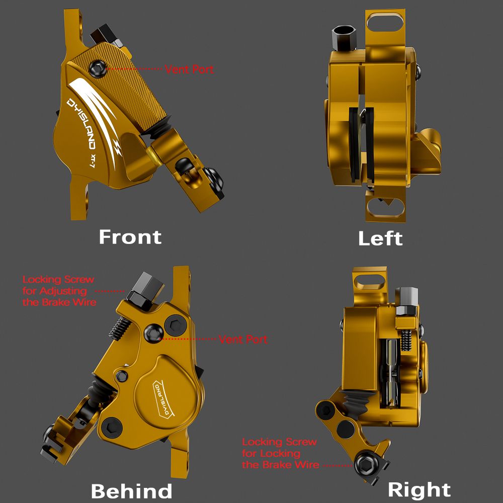 DYISLAND XT-7 Hydraulic Disc Brakes Calipers, Cable Actuated Front &amp; Rear Brake for MTB / Road Bike / Electric Bike - Yellow