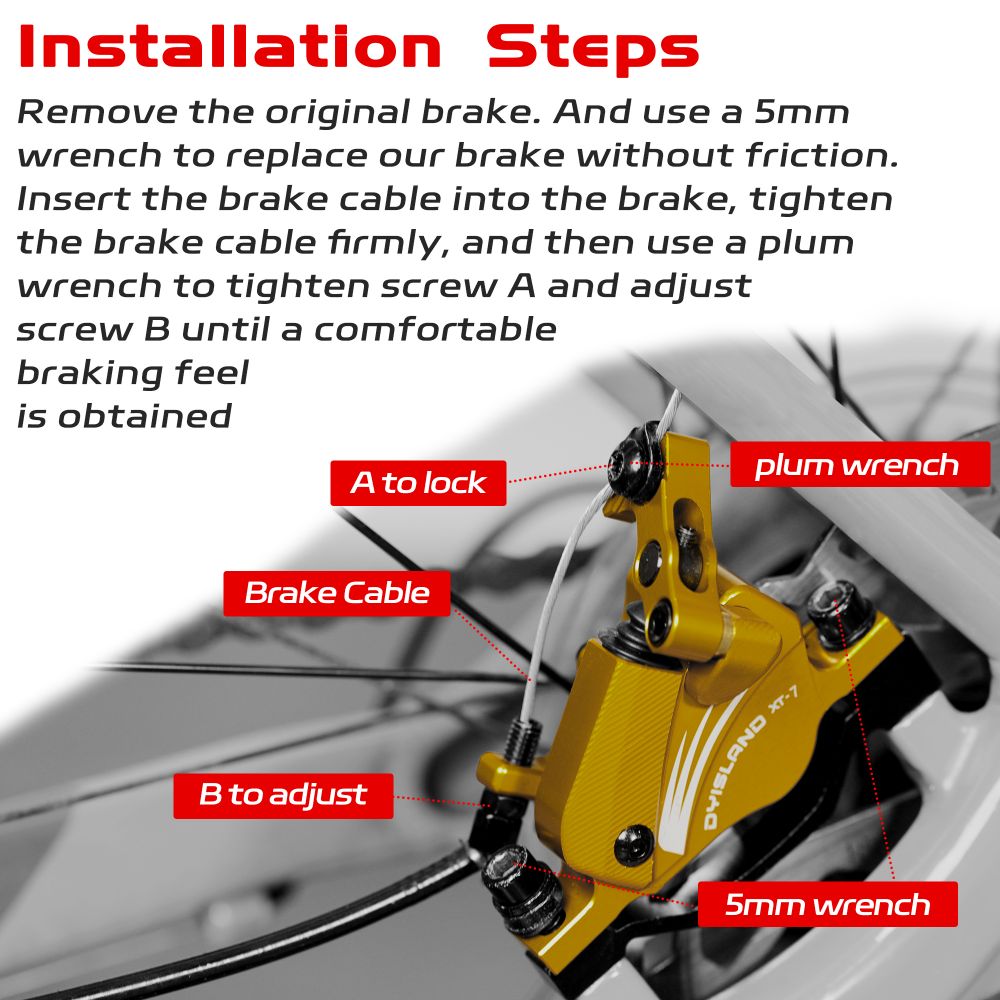 DYISLAND XT-7 Hydraulic Disc Brakes Calipers, Cable Actuated Front &amp; Rear Brake for MTB / Road Bike / Electric Bike - Yellow
