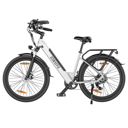 ESKUTE Polluno Plus Electric Bike, 250W Motor, 36V 20Ah Battery, 26*1.75-inch, 25km/h Max Speed, 100km Range, Mechanical Disc Brakes, Shimano 7-Speed - White