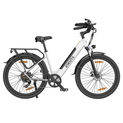 ESKUTE Polluno Plus Electric Bike, 250W Motor, 36V 20Ah Battery, 26*1.75-inch, 25km/h Max Speed, 100km Range, Mechanical Disc Brakes, Shimano 7-Speed - White