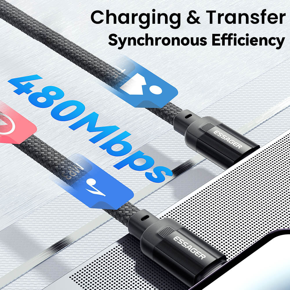 ESSAGER 100W 5A Type-C to Type-C Charging Cable, USB2.0 480Mbps, Magnetic Adsorption, Flexible Adjustment, E-Marker Chip, 1m