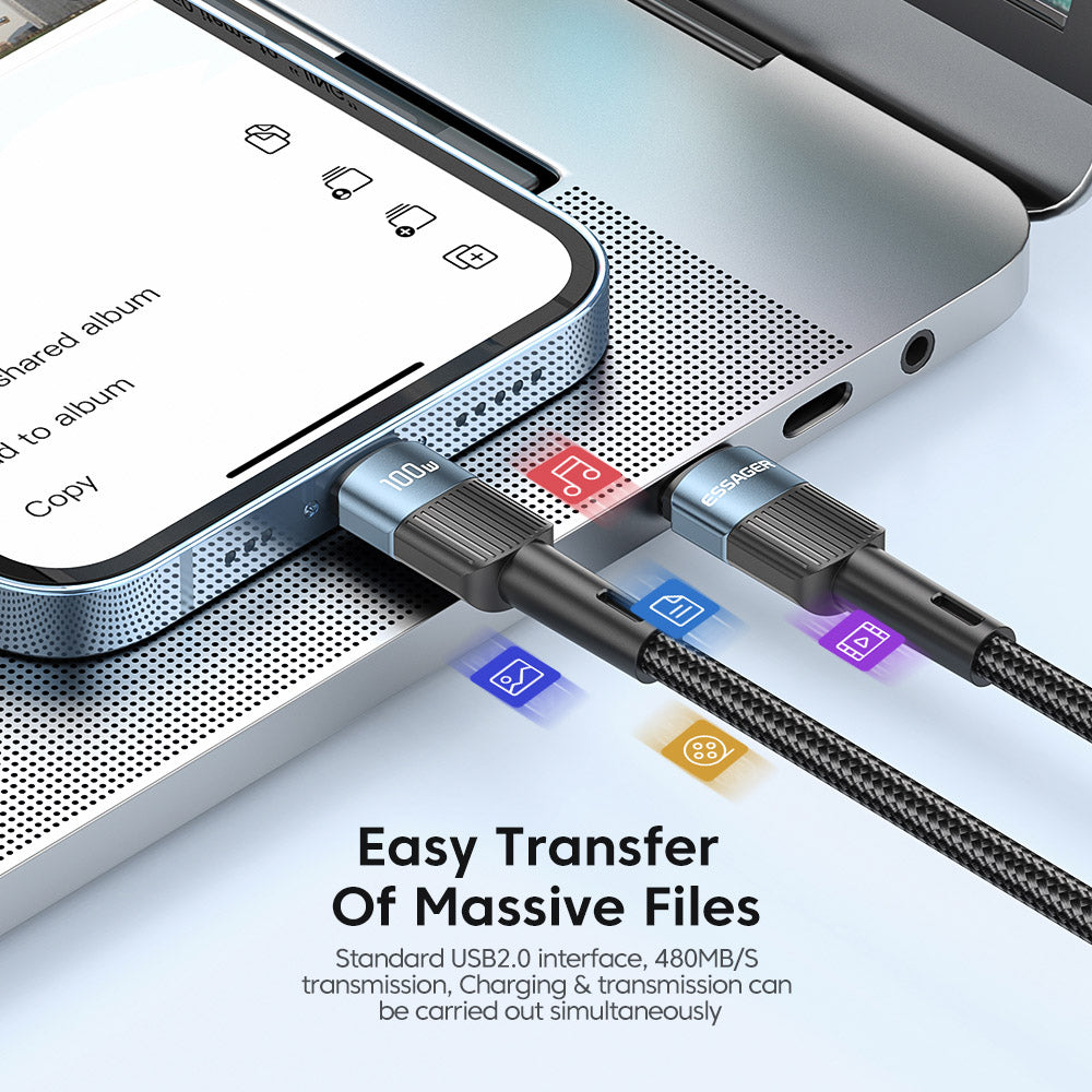 ESSAGER 100W Type-C to Type-C Data Cable, PD Fast Charging, 480Mbps Transmission Speed, for MacBook / Tablet / Huawei Samsung Mobile Phone - 1m Cable