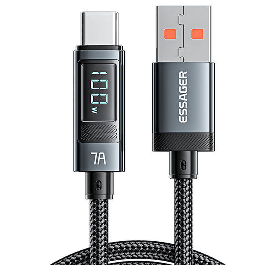 ESSAGER 100W 7A USB-A to Type-C Charging Cable, Digital Display, USB2.0 480Mbps, with Velcro, QC Protocol