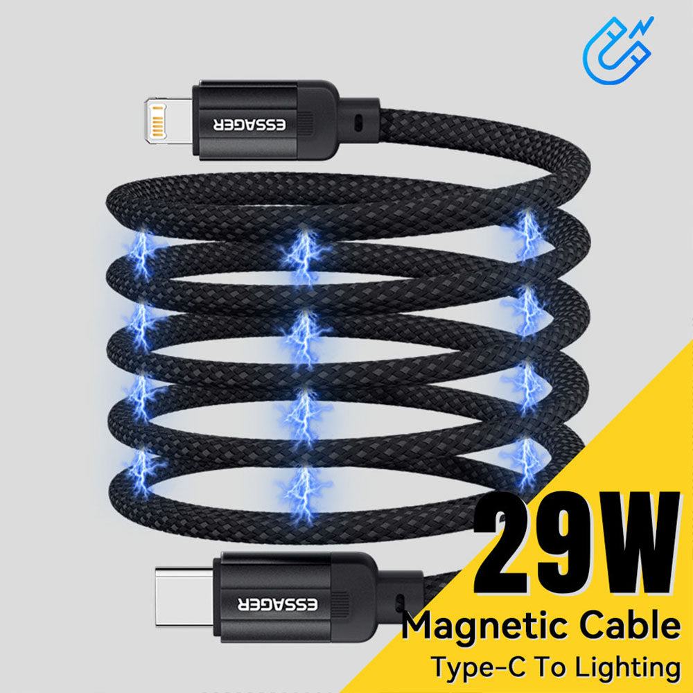 ESSAGER 29W 3A Type-C to Lightning Charging Cable, USB2.0 480Mbps, Magnetic Adsorption, Flexible Adjustable, Smart Chip, 1m