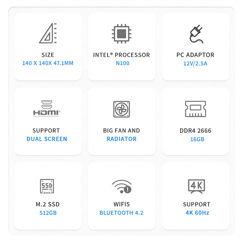 FIREBAT AK2 Mini PC, Intel N100 4 Cores Max 3.4GHz, 16GB RAM 512GB SSD, 2*HDMI 2.0 4K 60Hz Dual Screen Display, WiFi 5 Bluetooth 4.2, 2*USB 3.2 2*USB 2.0 1*LAN 1*Audio, Cooling Fan - EU Plug