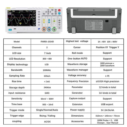 FNIRSI 1014D 2 in 1 Digital Oscilloscope, 2 Channels, 100Mhz Bandwidth, 1GSa/s Sampling Rate,  DDS Signal Generator - EU Plug