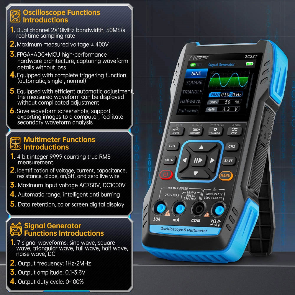 FNIRSI 2C23T 3 in 1 Digital Oscilloscope Multimeter Signal Generator, 2 Channels, 10MHz Bandwidth, 50MSa/s Sampling Rate, 9999 Counts