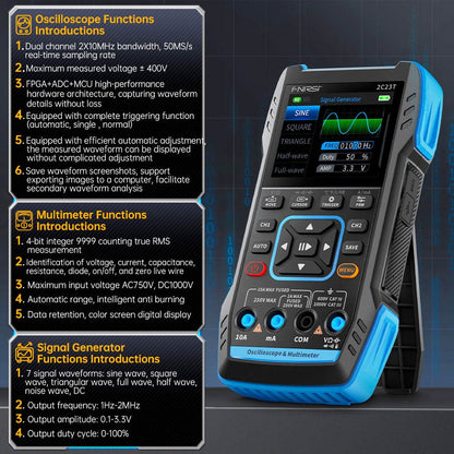 FNIRSI 2C23T 3 in 1 Digital Oscilloscope Multimeter Signal Generator, 2 Channels, 10MHz Bandwidth, 50MSa/s Sampling Rate, 9999 Counts