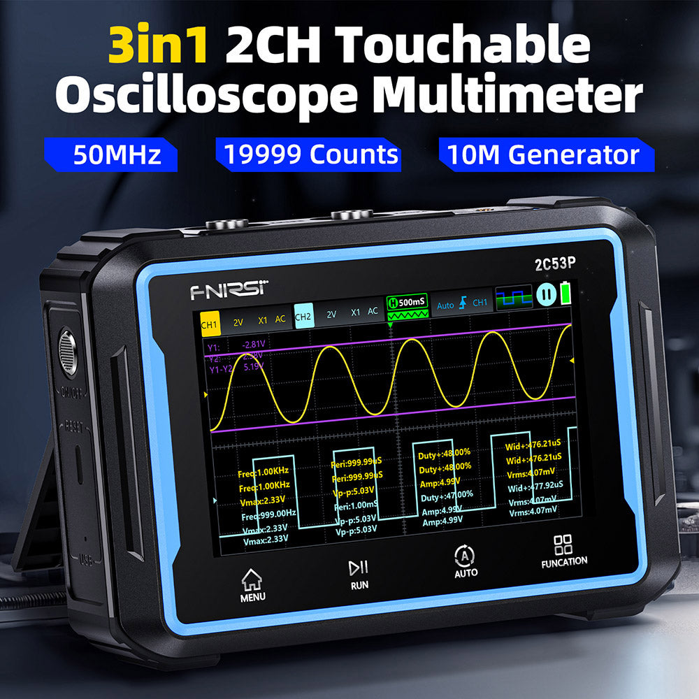 FNIRSI 2C53P Portable Digital Oscilloscope Multimeter, Signal Generator, 4.3inch IPS Touch Screen, 3 in 1 2 Channel 50MHz, 250Ms/S, 19999 Counts - Blue