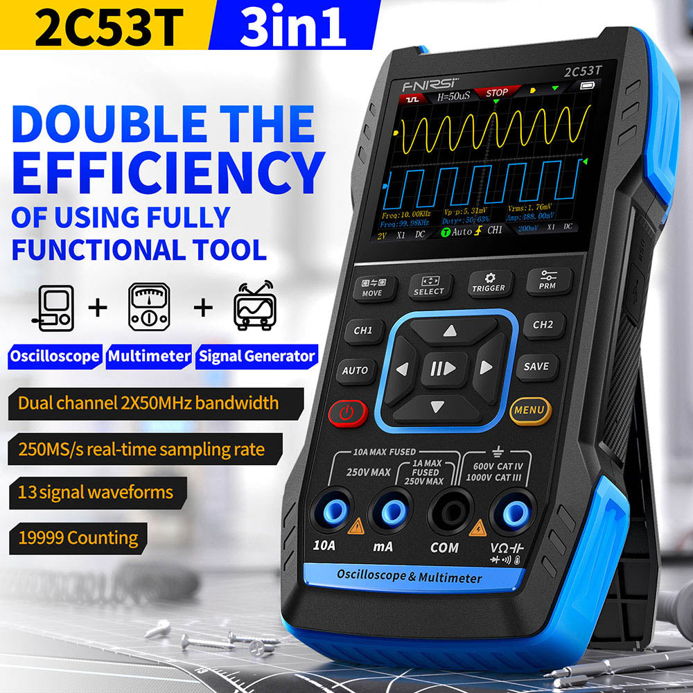 FNIRSI 2C53T 3in1 Oscilloscope Multimeter, Signal Generator, Dual Channel 50MHz Bandwidth, 250MS/s Sampling Rate, 19999 Counts, Voltage, Current, Capacitor, Resistor, Diode Test - Standard Version
