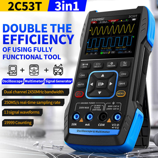 FNIRSI 2C53T 3in1 Oscilloscope Multimeter, Signal Generator, Dual Channel 50MHz Bandwidth, 250MS/s Sampling Rate, 19999 Counts, Voltage, Current, Capacitor, Resistor, Diode Test - Standard Version