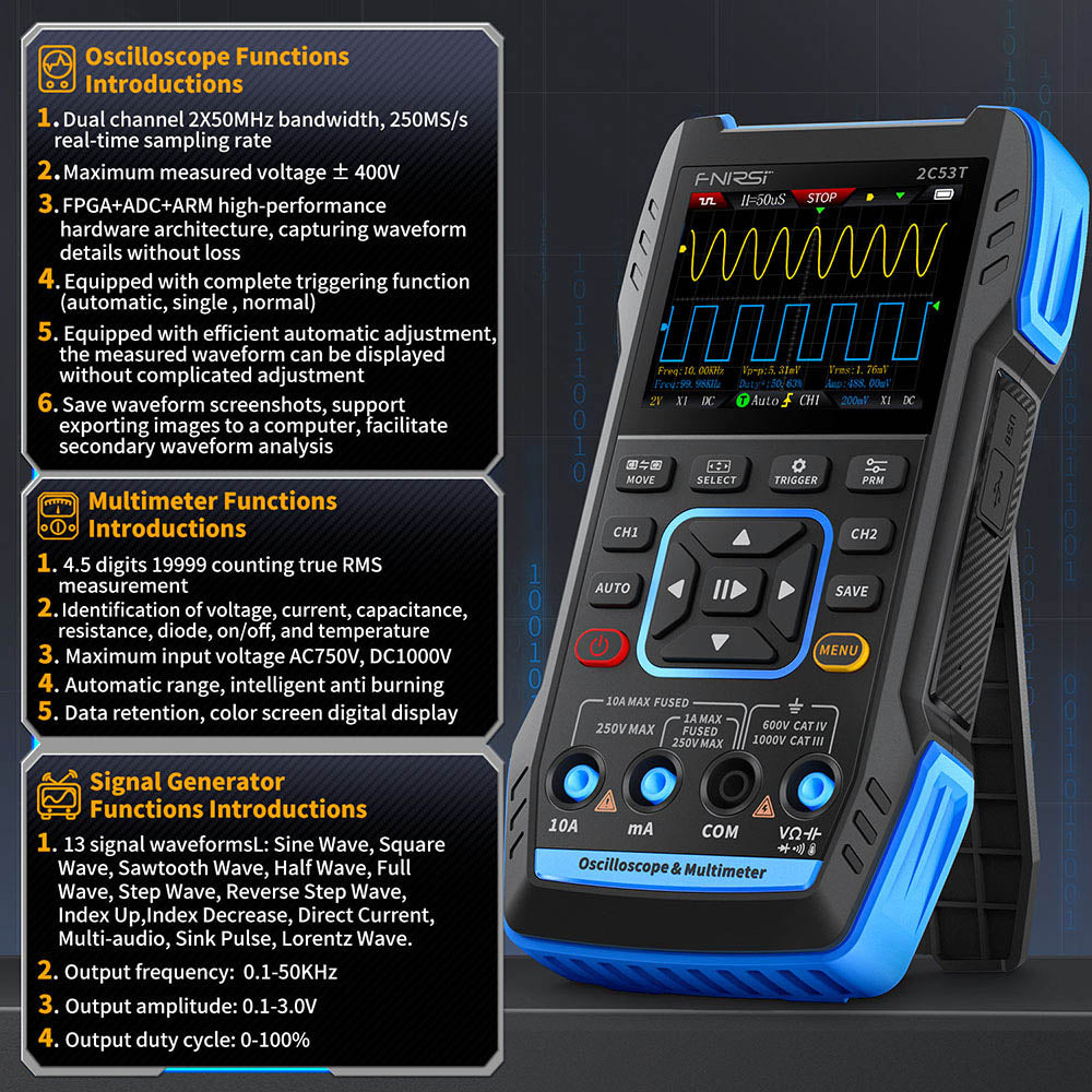 FNIRSI 2C53T 3in1 Oscilloscope Multimeter, Signal Generator, Dual Channel 50MHz Bandwidth, 250MS/s Sampling Rate, 19999 Counts, Voltage, Current, Capacitor, Resistor, Diode Test - Standard Version