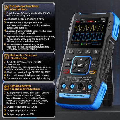 FNIRSI 2C53T 3in1 Oscilloscope Multimeter, Signal Generator, Dual Channel 50MHz Bandwidth, 250MS/s Sampling Rate, 19999 Counts, Voltage, Current, Capacitor, Resistor, Diode Test - Standard Version
