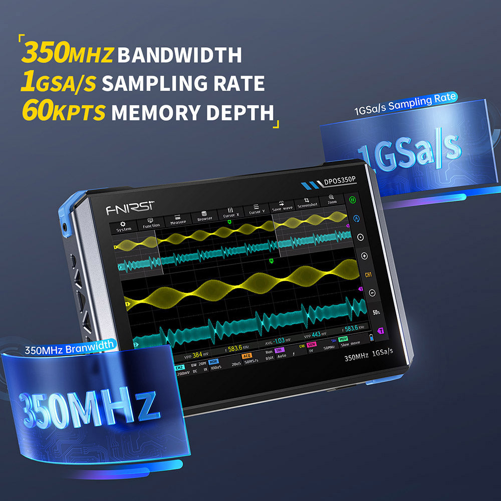 FNIRSI DPOS350P 4-in-1 Tablet Oscilloscope, 1GSPS Sampling, 50MHz Signal Generator, Spectrum Analyzer, 7inch Touchscreen, QC18W Fast Charging - US Plug