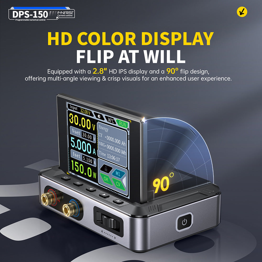 FNIRSI DPS-150 DC Power Supply Variable, 30V 5A  Adjustable, 150W Power, 4-Digit IPS Display, 90 Degree Flip Degin, <20mV Power Ripple, PD/QC/DC Input, PC Programmable Switching