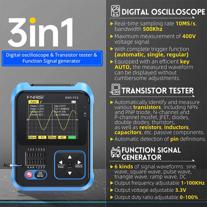 FNIRSI DSO-TC3 3 in 1 Digital Oscilloscope with P6100 High Voltage Probe, DDS Signal Generator, Transistor Tester, 1 Channel, 500Khz Bandwidth, 10MSa/s Sampling Rate, 6 Types of Waveforms