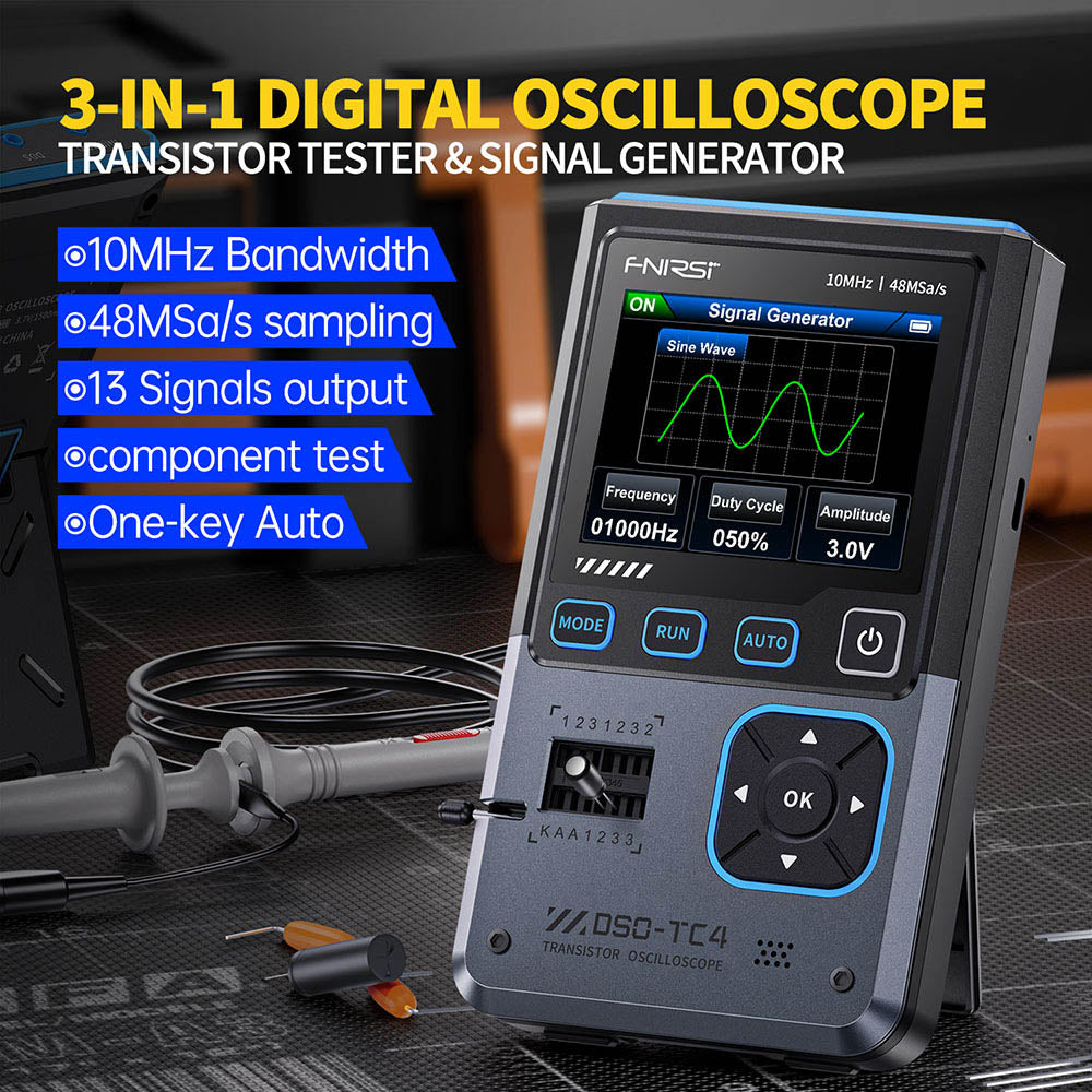 FNIRSI DSO-TC4 Digital Oscilloscope, 10MHz Bandwidth, 48MSa/s Sampling, Signal Generator, Transistor Tester, 2.8" TFT Screen, 1500mAh Battery