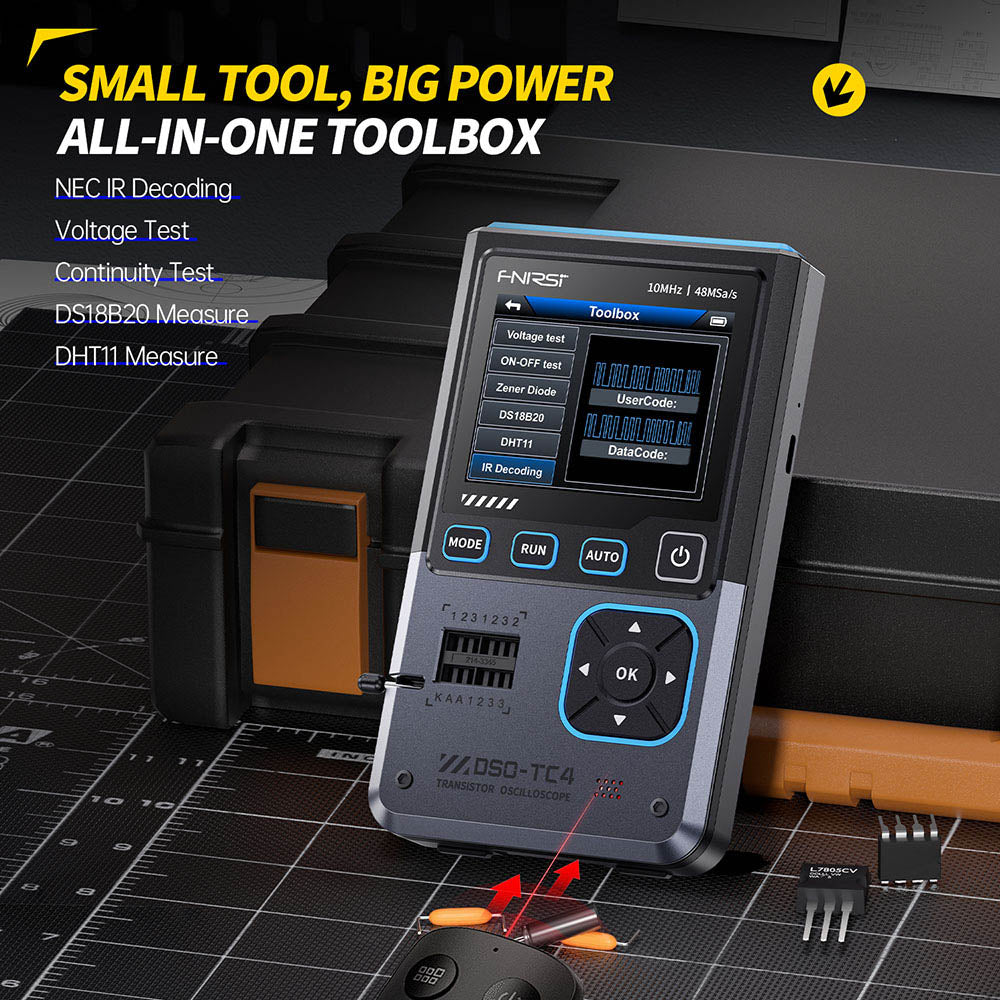 FNIRSI DSO-TC4 Digital Oscilloscope, 10MHz Bandwidth, 48MSa/s Sampling, Signal Generator, Transistor Tester, 2.8" TFT Screen, 1500mAh Battery