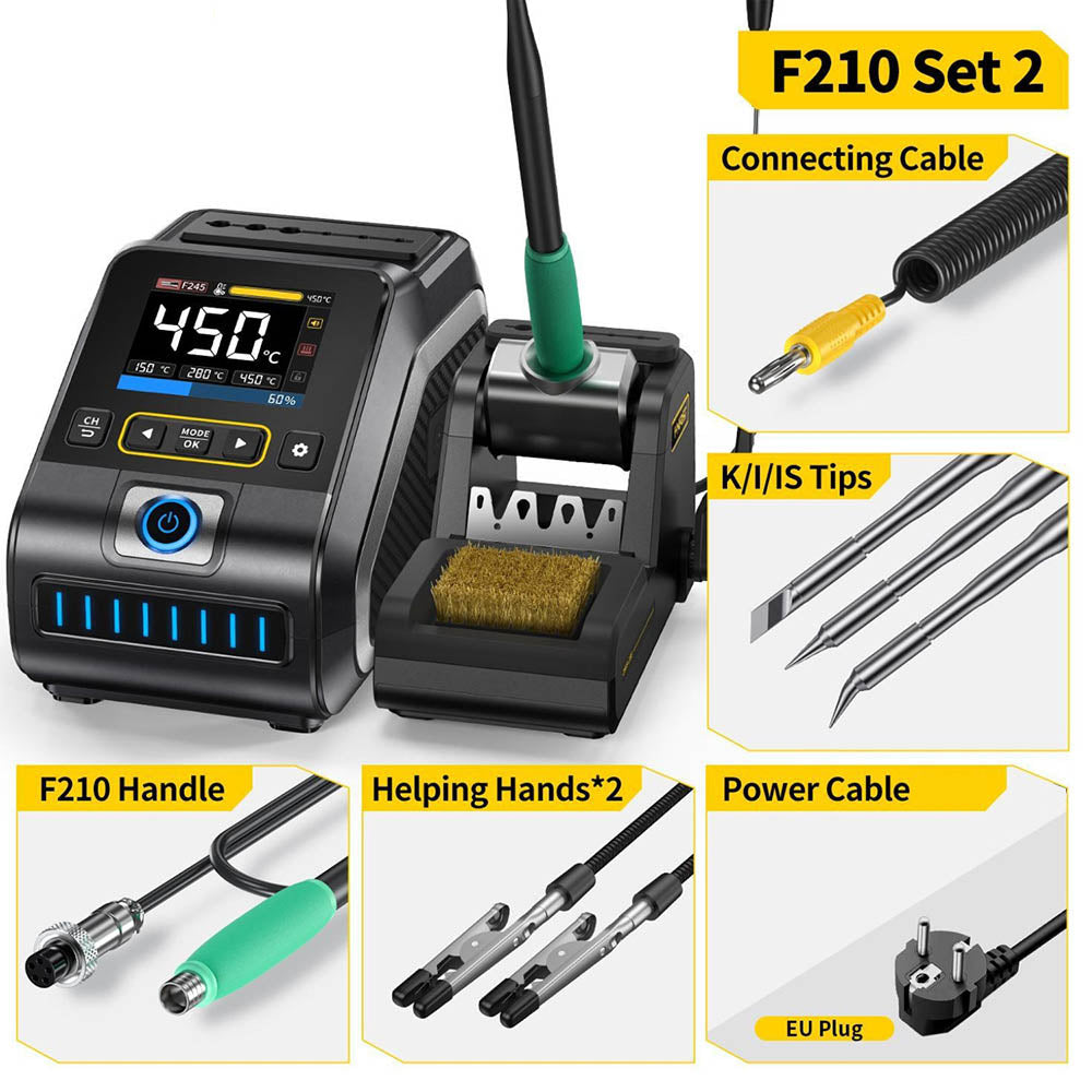 FNIRSI DWS-200 F210 Premium 200W Soldering Iron Station Kit, with 3 Iron Tips and 2 Helping Hands, Temp Value &amp; Curve Mode, 3 Temperature Storage, Full-Color Display