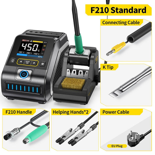 FNIRSI DWS-200 F210 Standard 200W Digital Soldering Iron Station Kit, with 1 Iron Tip and 2 Helping Hands, Temp Value &amp; Curve Mode, 3 Temperature Storage, Full-Color Display