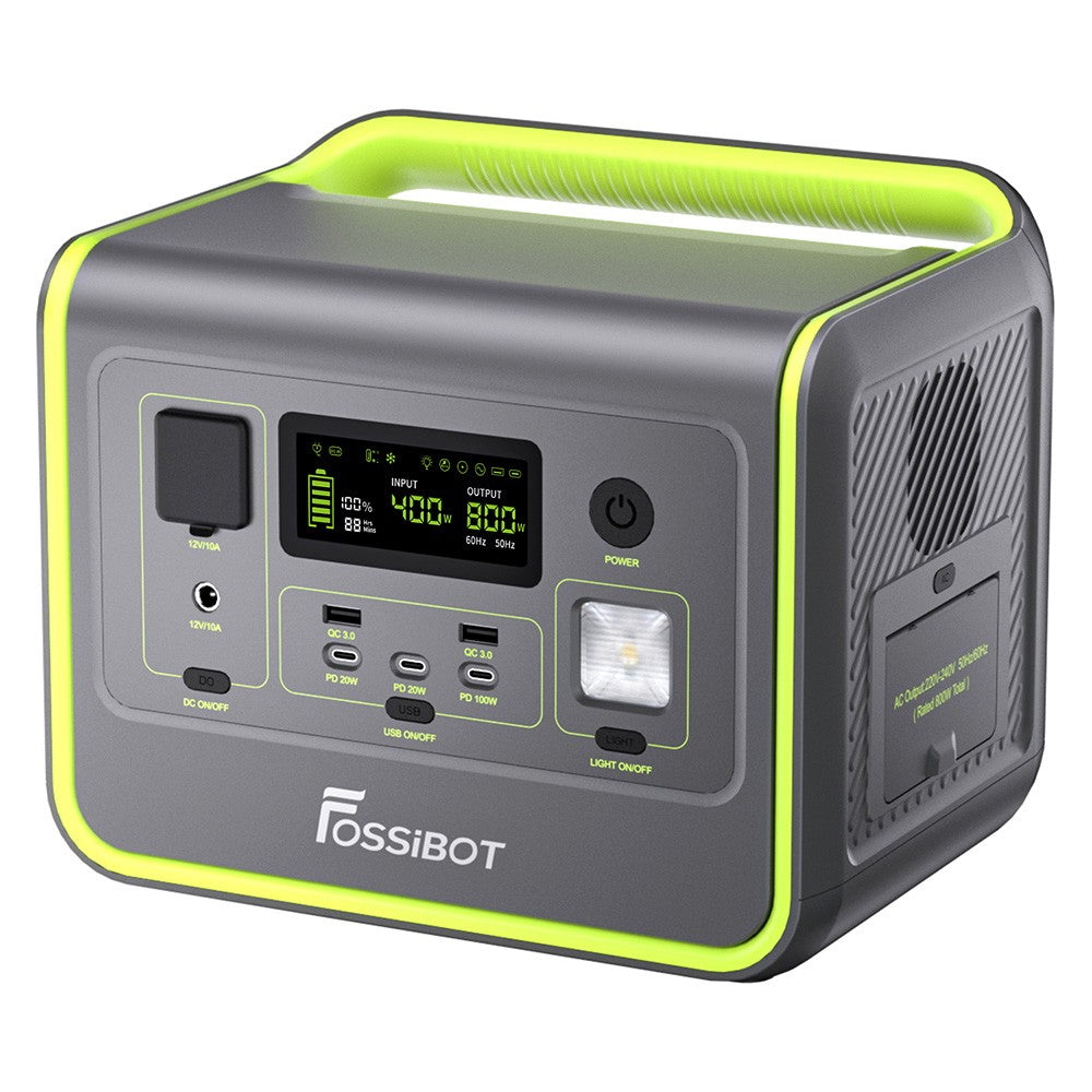 FOSSiBOT F800 Portable Power Station, 512Wh LiFePO4 Solar Generator, 3500 Times Cycle, 800W AC Output, 200W Max Solar Input, 8 Outlets, DC6530, 2xUSB-A, 3xType-C, AC Output, LCD Display, Fully Recharged in 1.2 Hours, LED Light - Green