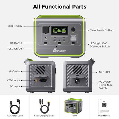 FOSSiBOT F800 Portable Power Station, 512Wh LiFePO4 Solar Generator, 3500 Times Cycle, 800W AC Output, 200W Max Solar Input, 8 Outlets, DC6530, 2xUSB-A, 3xType-C, AC Output, LCD Display, Fully Recharged in 1.2 Hours, LED Light - Green