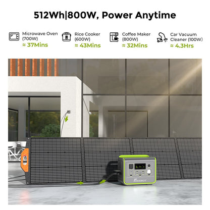 FOSSiBOT F800 Portable Power Station, 512Wh LiFePO4 Solar Generator, 3500 Times Cycle, 800W AC Output, 200W Max Solar Input, 8 Outlets, DC6530, 2xUSB-A, 3xType-C, AC Output, LCD Display, Fully Recharged in 1.2 Hours, LED Light - Green