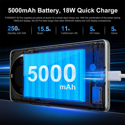 FOSSiBOT S3 Pro 4G Smartphone, 6.67" AMOLED Curved Display, 1.09" Rear Screen, 6GB RAM 128GB ROM, 64MP AI Camera, 5000mAh Battery, Helio G85, NFC, Dual SIM, Android 14, Face Unlock, Black