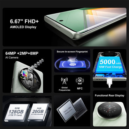 FOSSiBOT S3 Pro 4G Smartphone, 6.67" AMOLED Curved Display, 1.09" Rear Screen, 6GB RAM 128GB ROM, 64MP AI Camera, 5000mAh Battery, Helio G85, NFC, Dual SIM, Android 14, Face Unlock, Black