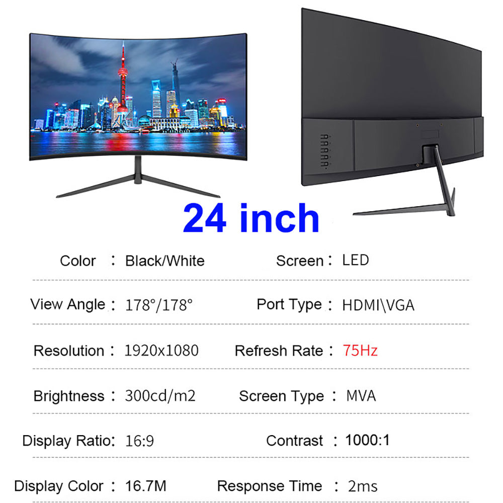 FYHXele FY24FMC-B Gaming Monitor, 24inch 1080P FHD 16:9 VA Screen, 75Hz Refresh Rate, 2800R MVA Panel, 2ms Response Time, 99% sRGB, Adjustable Tilt, Black