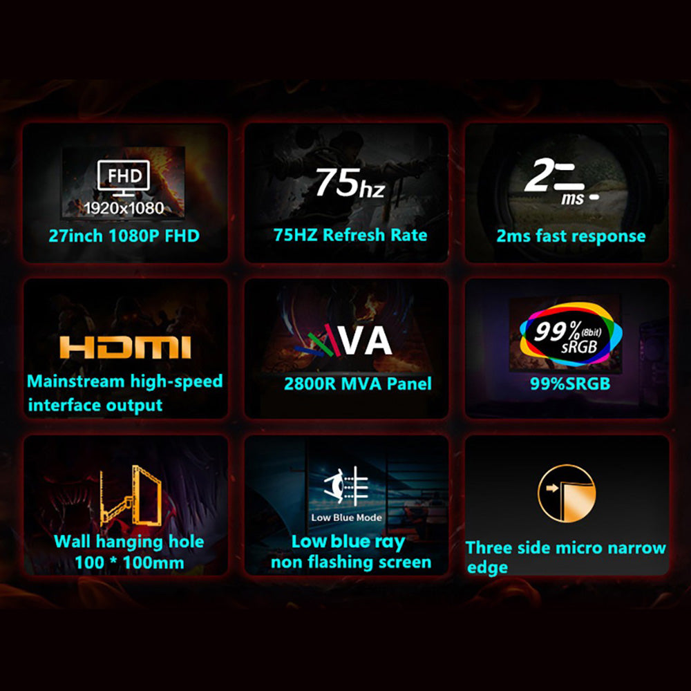 FYHXele FY24FMC-B Gaming Monitor, 24inch 1080P FHD 16:9 VA Screen, 75Hz Refresh Rate, 2800R MVA Panel, 2ms Response Time, 99% sRGB, Adjustable Tilt, Black