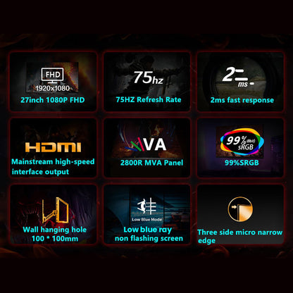 FYHXele FY24FMC-B Gaming Monitor, 24inch 1080P FHD 16:9 VA Screen, 75Hz Refresh Rate, 2800R MVA Panel, 2ms Response Time, 99% sRGB, Adjustable Tilt, Black