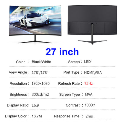 FYHXele FY27FMC-B 27-inch 2800R Curved Gaming Monitor, 1920*1080 FHD 16:9 VA Screen, 75Hz Refresh Rate, 2ms Response Time, 99% sRGB, 1*HDMI 1*VGA 1*Audio, Adjustable Tilt