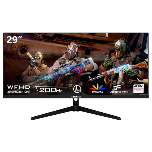 FYHXele FY29Q2H 29'' Monitor, 2560*1080 WFHD 21:9 IPS Screen, 200Hz Refresh Rate, 1ms Response Time, 100% sRGB, 1000:1 Contrast, FreeSync &amp; G-Sync Compatible, HDR, Game Plus, 2*DP1.4, 2*HDMI 2.1, 1*Audio, Dual Speakers, Tilt Adjustment &amp; VESA Mount