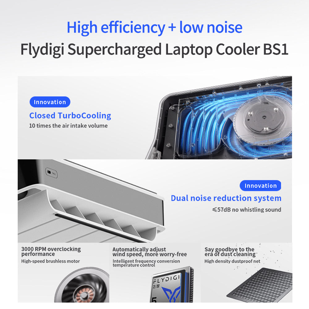 Flydigi BS1 Laptop Cooling Base, 4 Cooling Modes, Intelligent Variable Frequency Temperature Control