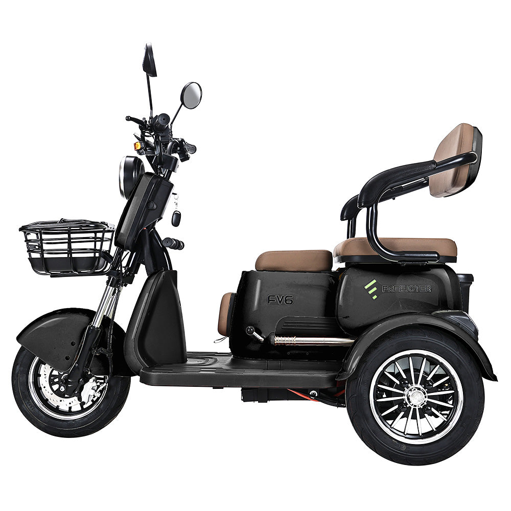 Freejoyer FV6 Electric Tricycle, 1000W Motor, 60V 20Ah Battery, 10*3 inch Tire, 25km/h Max Speed, 55km Range, Front Disc Brake &amp; Rear Drum Brake, Hydraulic Front Fork - Black