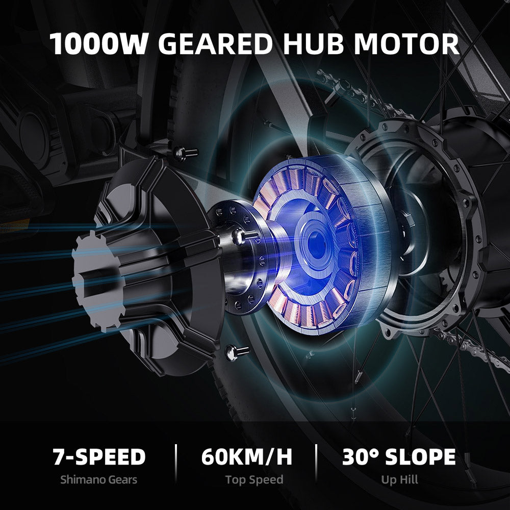 GUNAI-Y Electric Bike, 1000W Motor, 48V 18Ah Battery, 20*4.0-inch Fat Tires, 60km/h Max Speed, 100km Range, Hydraulic Disc Brake, Front &amp; Rear Suspension, Shimano 7-Speed