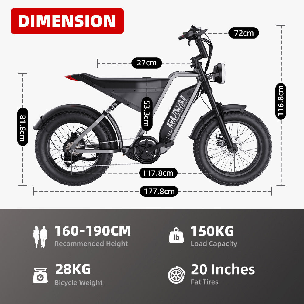 GUNAI-Y Electric Bike, 1000W Motor, 48V 18Ah Battery, 20*4.0-inch Fat Tires, 60km/h Max Speed, 100km Range, Hydraulic Disc Brake, Front &amp; Rear Suspension, Shimano 7-Speed