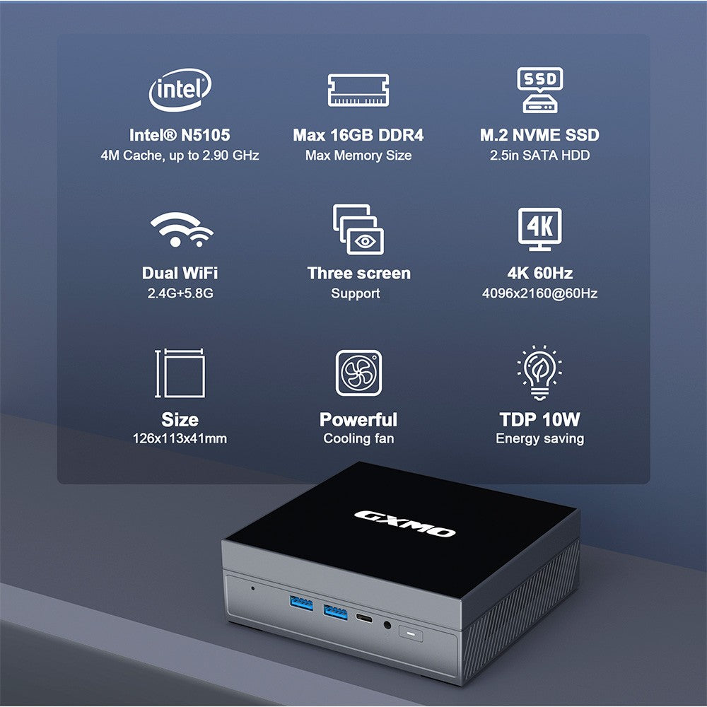 GXMO GX55 Mini PC Intel 11th Gen Celeron N5105, 8GB DDR4 256GB SSD, Windows 11, WiFi 5 - EU