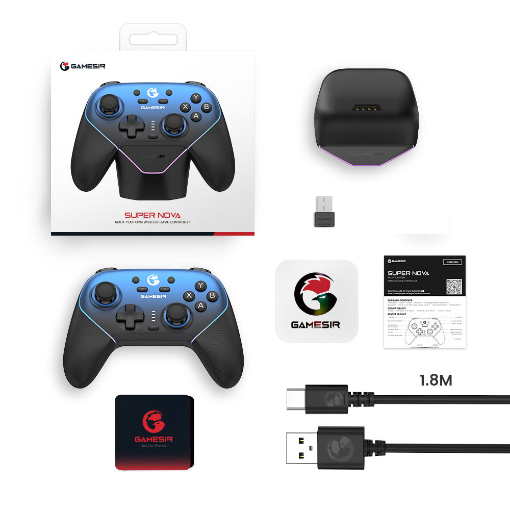 GameSir Super Nova Gaming Controller, Hall Effect Stick &amp; Trigger, Detachable Faceplate, RGB Lighting, Compatible with PC / Android / iOS / Switch - Blue