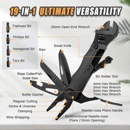 Hanboost M2 19 In 1 Multitool Wrench, Multipurpose Camping Gear, Pocket Size EDC Gadget, Adjustable Wrench with Pliers, Wire Cutter, Cutting Saw, Bottle Opener for Maintenance, Camping and DIY, Gift