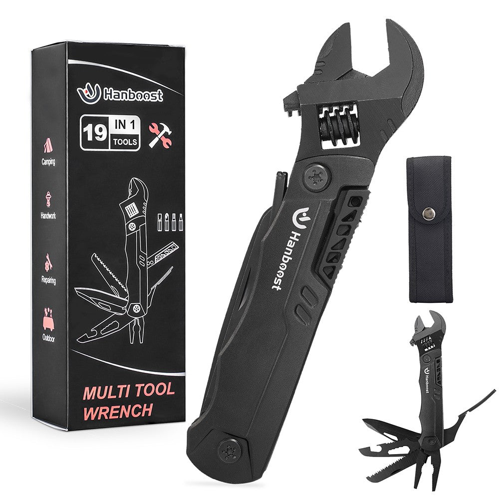 Hanboost M2 19 In 1 Multitool Wrench, Multipurpose Camping Gear, Pocket Size EDC Gadget, Adjustable Wrench with Pliers, Wire Cutter, Cutting Saw, Bottle Opener for Maintenance, Camping and DIY, Gift
