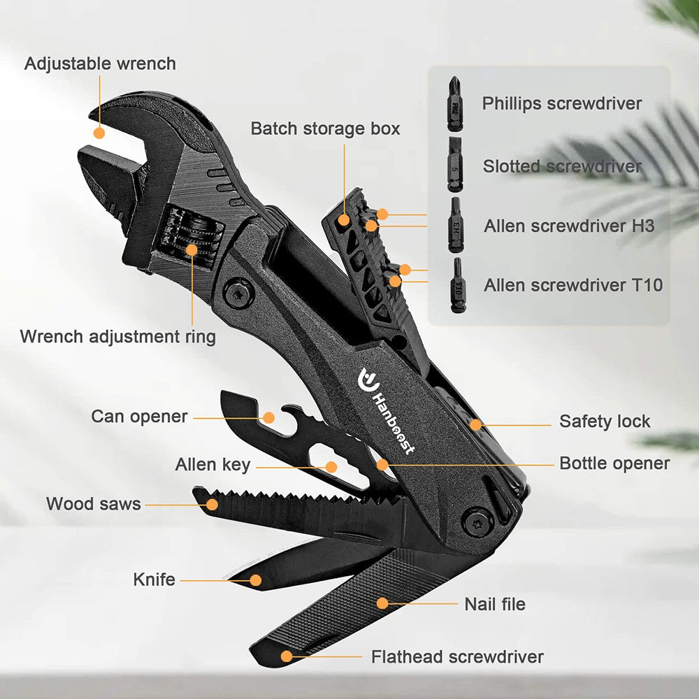 Hanboost M1 12 in 1 Multitool Wrench, Camping Gear, Multipurpose Pocket Size Gadget, with Screwdriver Cutting Saw Bottle Opener for Maintenance, Camping, DIY and Gift