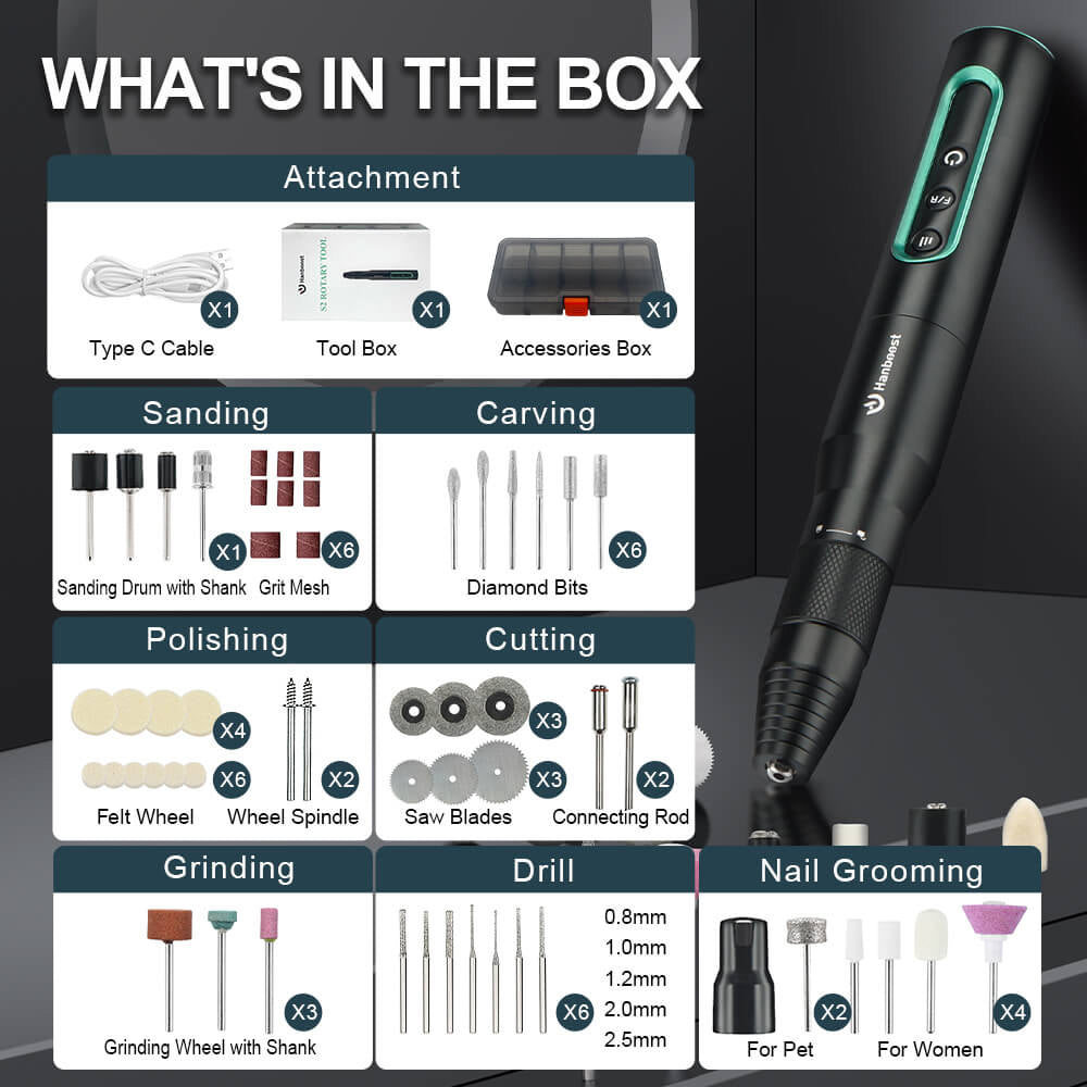 Hanboost S2 Electric Rotary Tool Kits with 54pcs Accessories, 6 Speed Adjustment, 30000RPM Motor, Low Noise, for Light DIY Projects and Precision Work