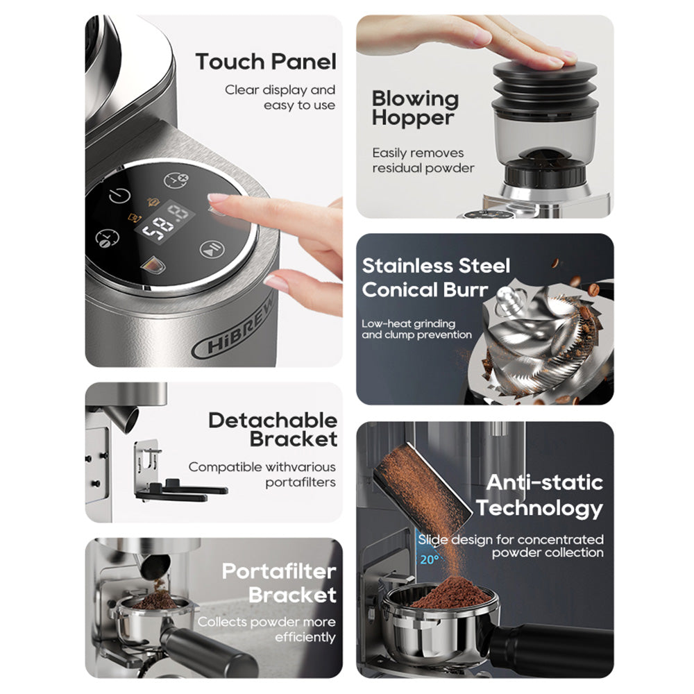 HiBREW G7 Coffee Grinder, 48 Grind Settings, Anti-Static Technology, Stainless Steel Conical Burr, Touch Panel, Compatible with 51/54/58mm Portafilters, Hands-Free Coffee Grinding