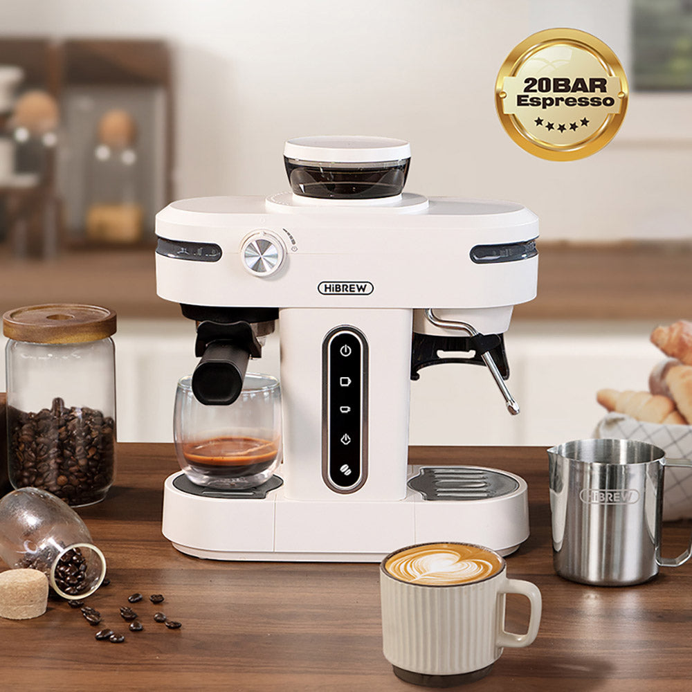 HiBREW H14 Espresso Coffee Machine, 20 Bar High Pressure, 15-gear Grinder Setting, Pre-brew Function, NTC Temperature Control, Cup Capacity Setting - Beige