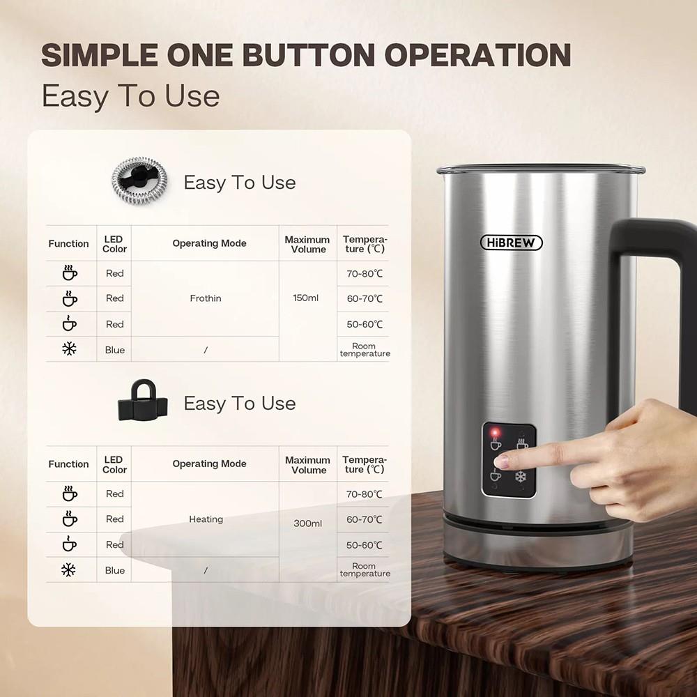 HiBREW M3 4-in-1 Milk Frother Foamer, Cold/Hot Fully Automatic Milk Warmer, 300ml Large Capacity, Auto Shut Down, Non-Stick Coating - US Plug