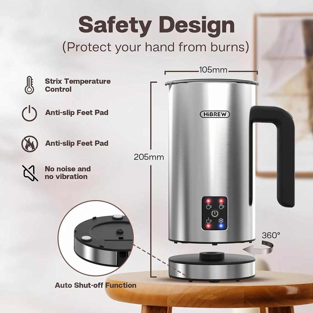 HiBREW M3 4-in-1 Milk Frother Foamer, Cold/Hot Fully Automatic Milk Warmer, 300ml Large Capacity, Auto Shut Down, Non-Stick Coating - US Plug