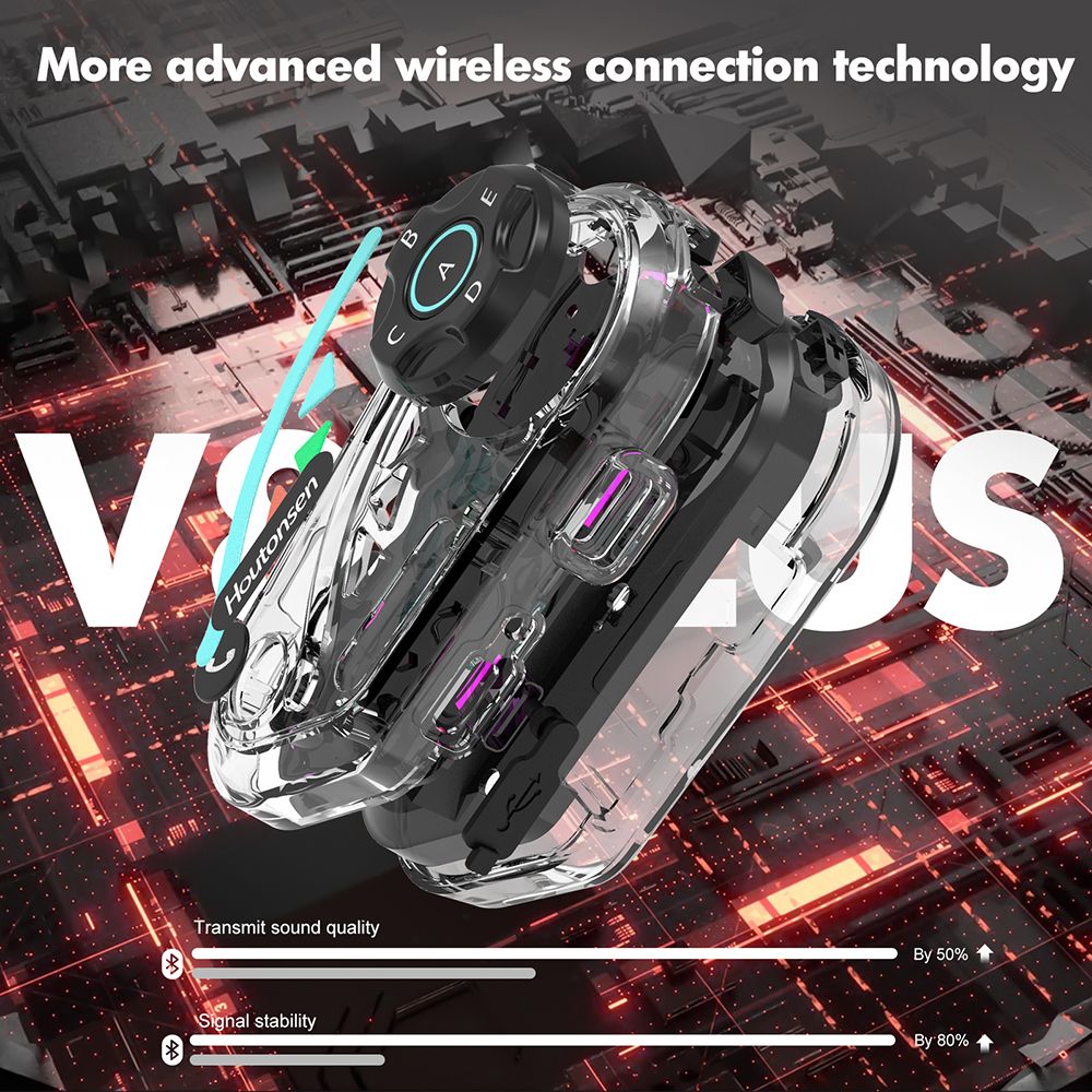 Houtonsen V8 Plus Motorcycle Helmet Headset, 1000M 2-Person Intercom, 30h Working Time, Noise Reduction, MP3/GPS/FM Navigation Support, AI Voice Assistant, IPX67 Waterproof, Bluetooth 5.2 - 1Pc Pack